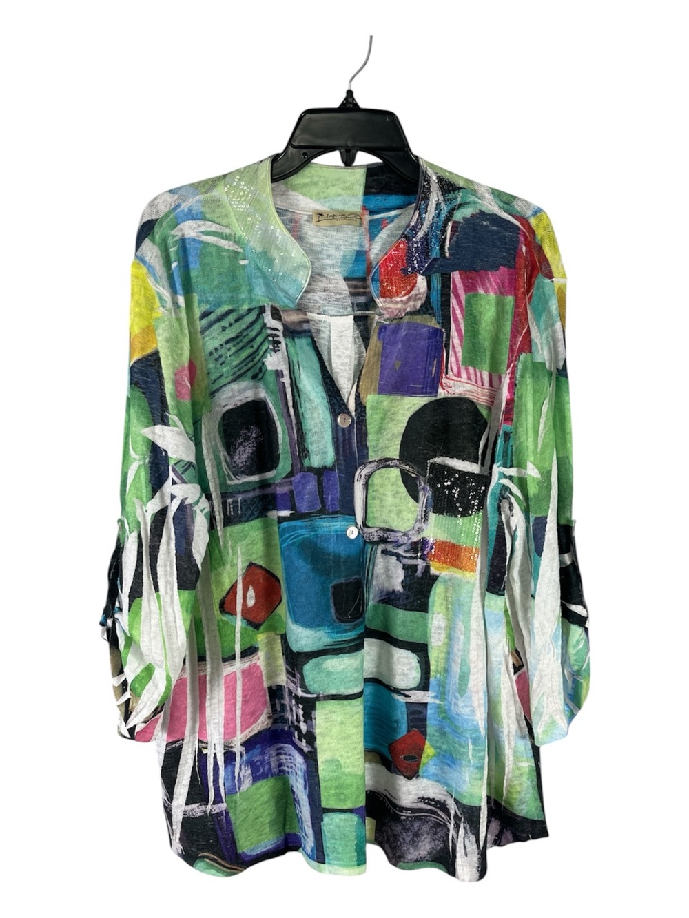 Impulse California Abstract Artsy Blouse Roll Tab Sleeve Plus 1X Pit to Pit 26